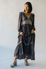 The Henning V-Neck Embroidered Maxi Dress in Charcoal