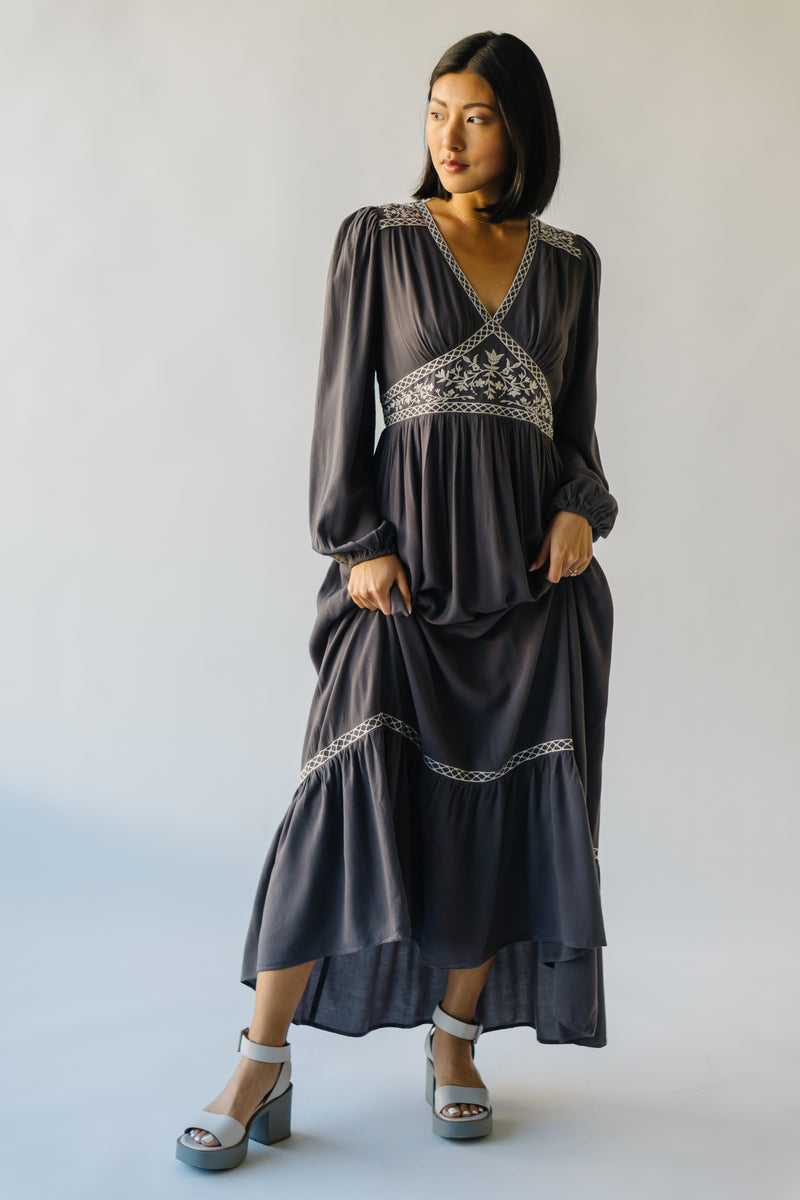 The Henning V-Neck Embroidered Maxi Dress in Charcoal