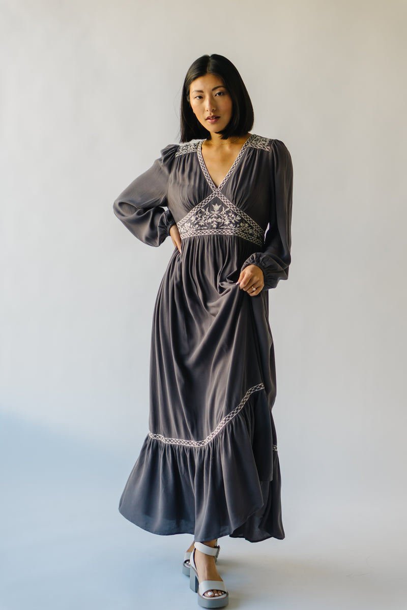 The Henning V-Neck Embroidered Maxi Dress in Charcoal