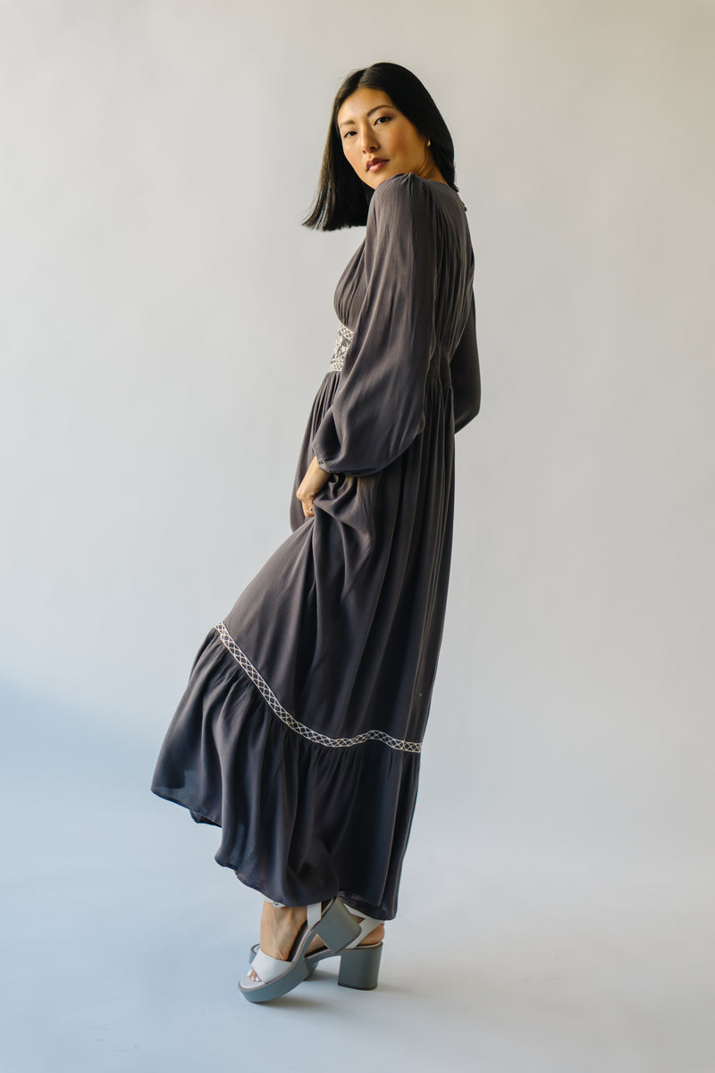 The Henning V-Neck Embroidered Maxi Dress in Charcoal