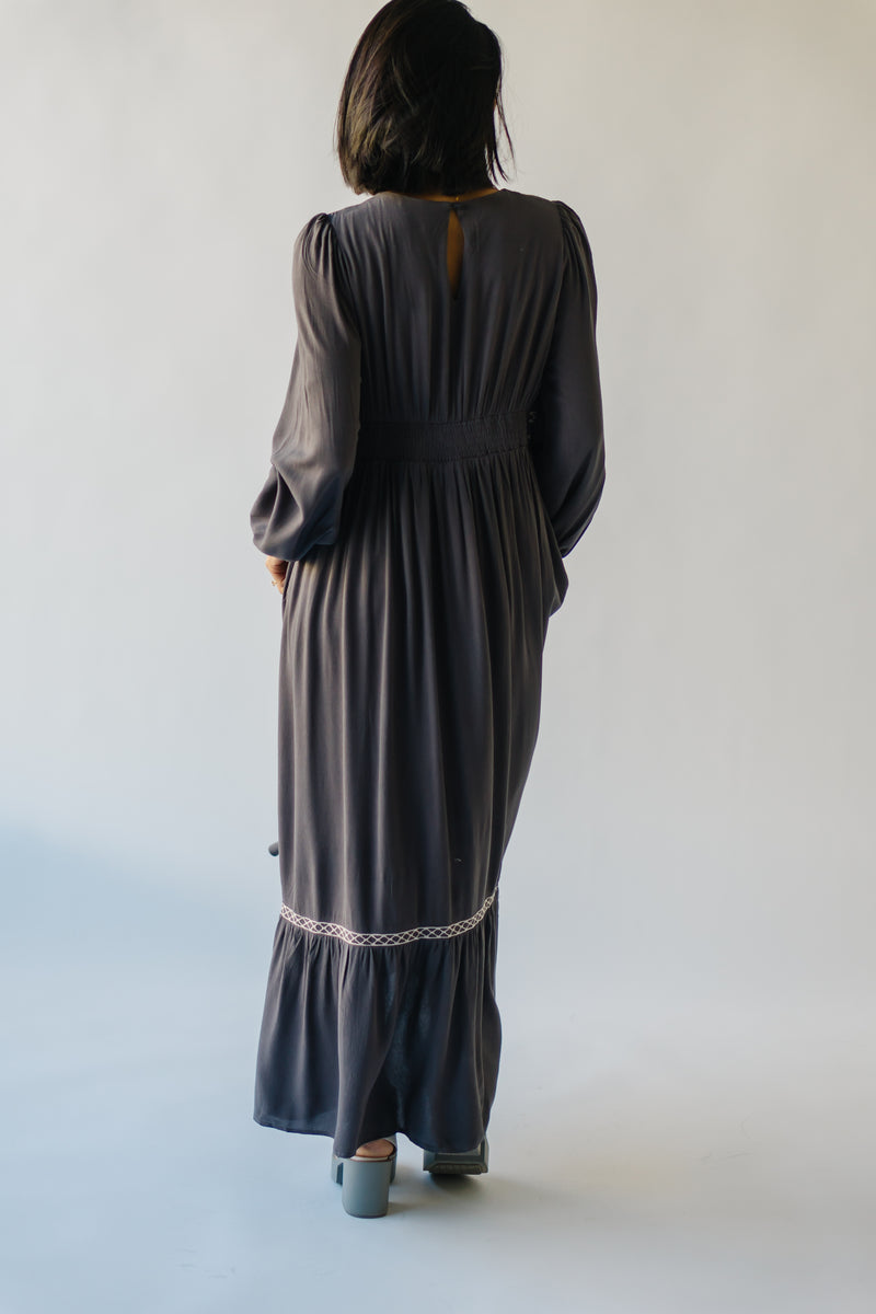 The Henning V-Neck Embroidered Maxi Dress in Charcoal