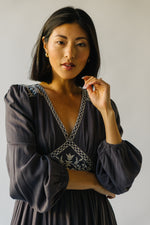 The Henning V-Neck Embroidered Maxi Dress in Charcoal