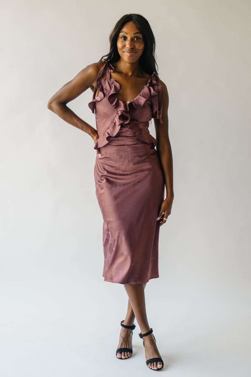 The Tragis Satin Ruffle Midi Dress in Chestnut