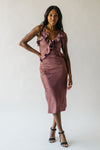 The Tragis Satin Ruffle Midi Dress in Chestnut