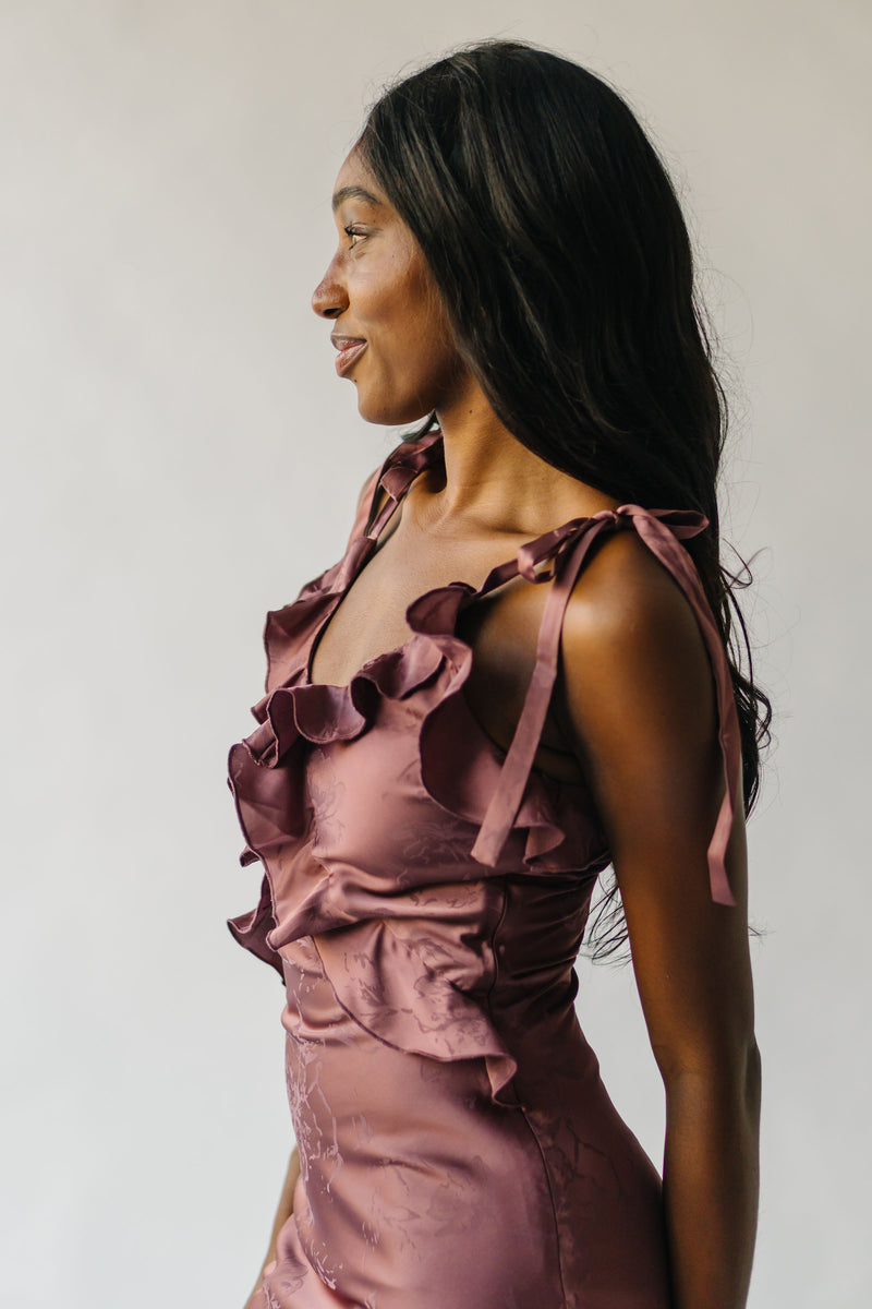 The Tragis Satin Ruffle Midi Dress in Chestnut