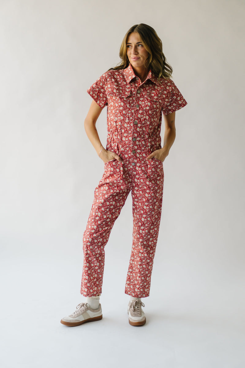 The Oberg Floral Denim Jumpsuit in Brick