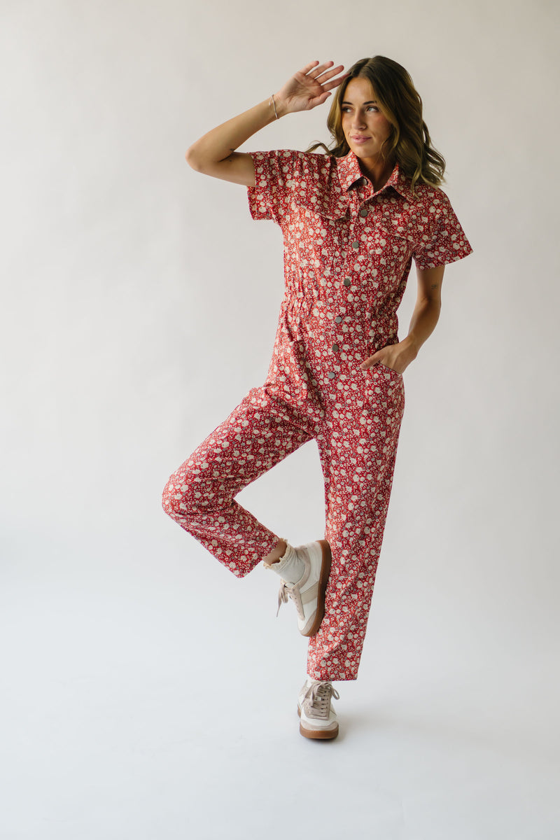 The Oberg Floral Denim Jumpsuit in Brick