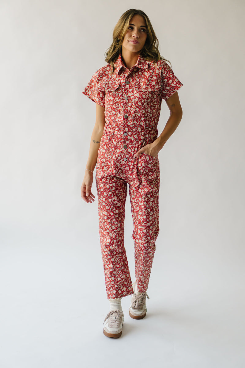 The Oberg Floral Denim Jumpsuit in Brick