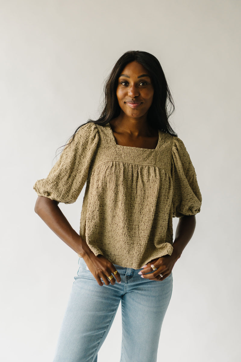 The Serino Textured Puff Sleeve Blouse in Taupe