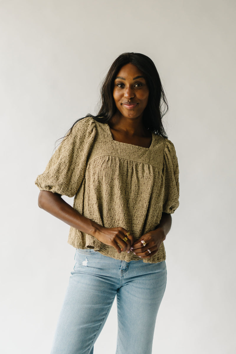 The Serino Textured Puff Sleeve Blouse in Taupe