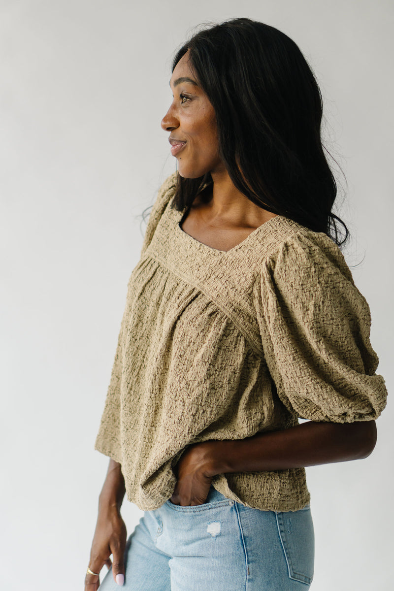 The Serino Textured Puff Sleeve Blouse in Taupe