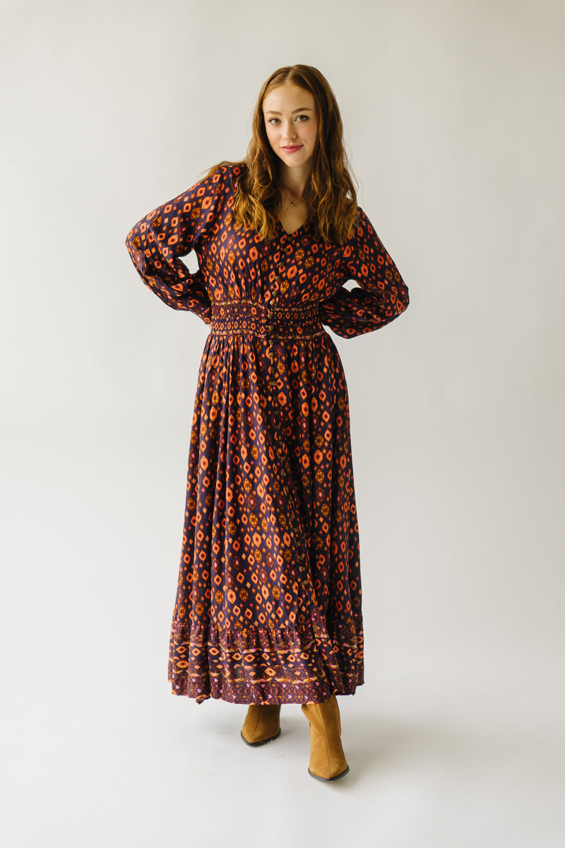 The Barcelona Patterned Maxi Dress in Midnight Jewel (PRE-ORDER: SHIPS BEGINNING OF NOVEMBER)