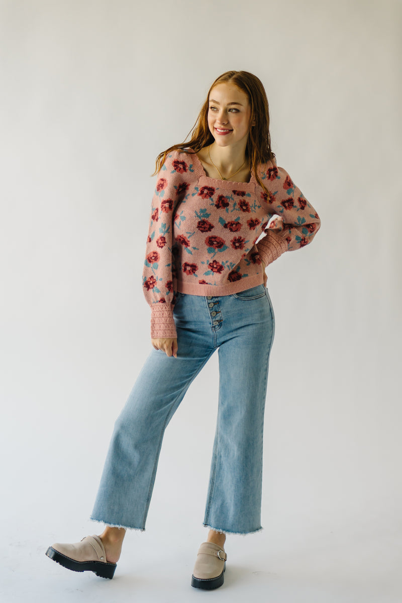 The Elnora Floral Square Neck Sweater in Blush