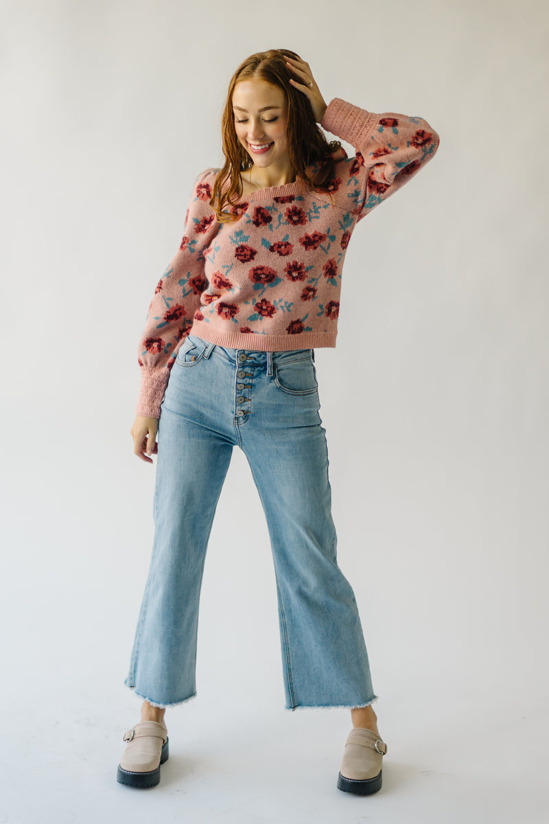 The Elnora Floral Square Neck Sweater in Blush