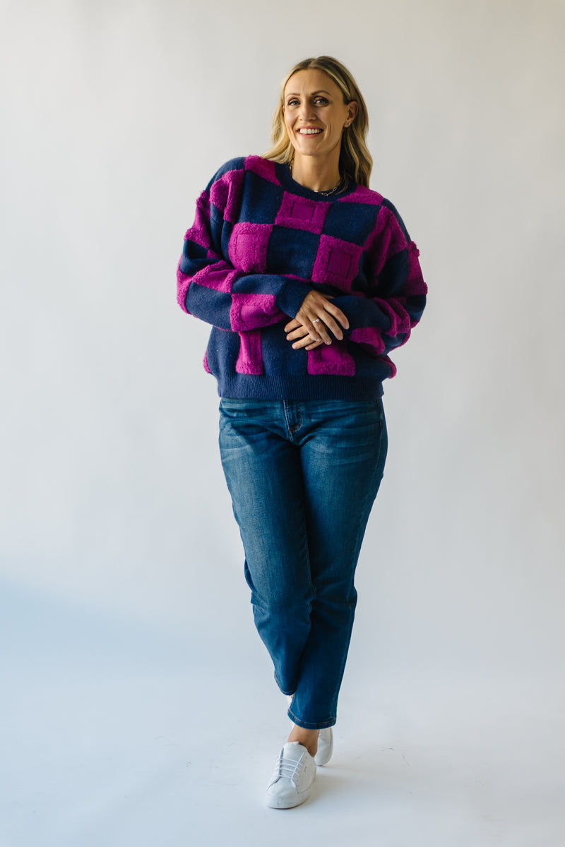 The Cortland Checkered Sweater in Navy + Purple
