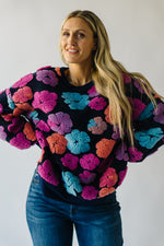 The Flanagan Sherpa Flower Detail Sweater in Navy + Fuchsia