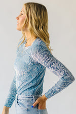 The Tuso Burn Out Leaf Pattern Blouse in Blue