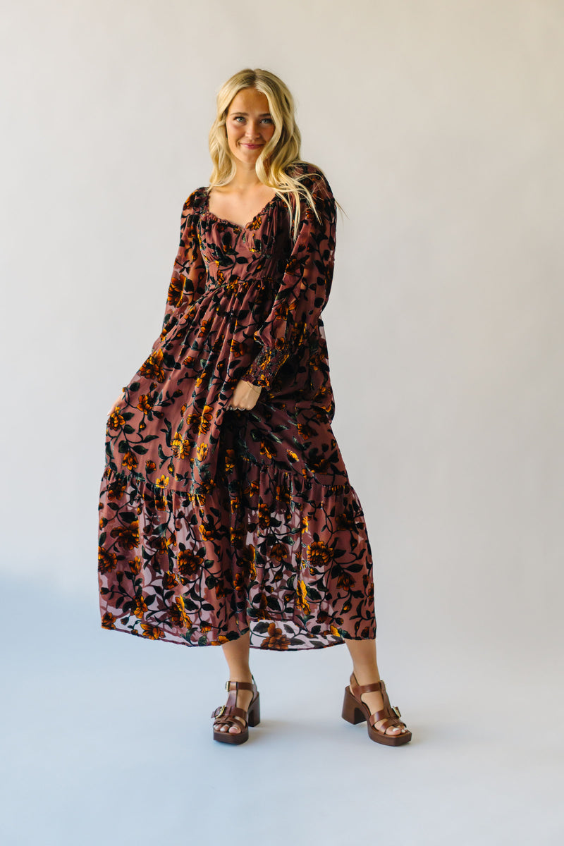 The Rosser Burnout Velvet Midi Dress in Goldenrod Floral