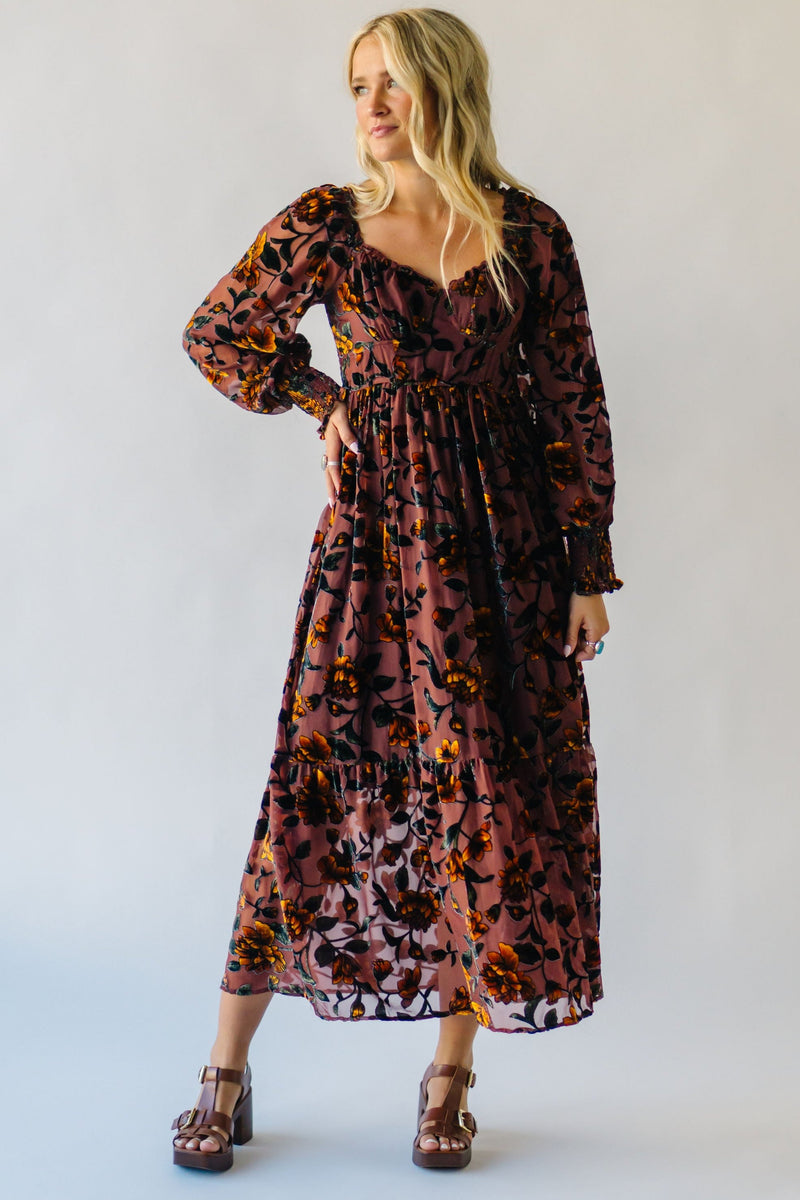 The Rosser Burnout Velvet Midi Dress in Goldenrod Floral