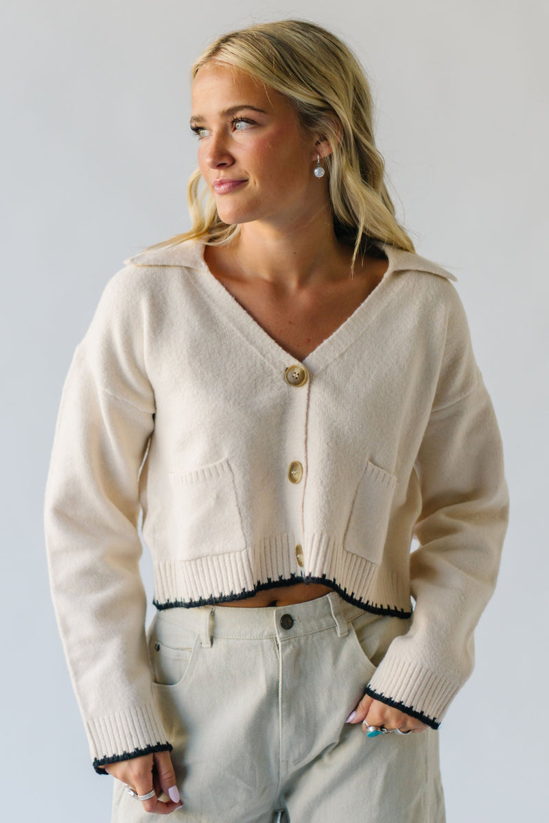 The Canova Stitch Detail Cardigan in Ivory + Black