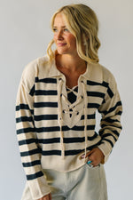 The Dunavant Lace Up Striped Sweater in Cream