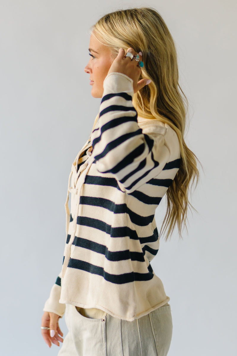 The Dunavant Lace Up Striped Sweater in Cream