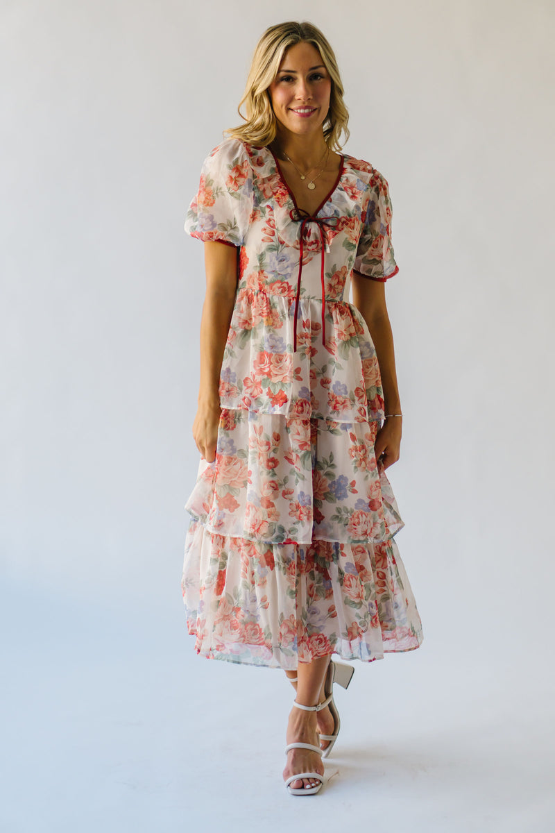 The Linford Floral Midi Dress in Peach + Red