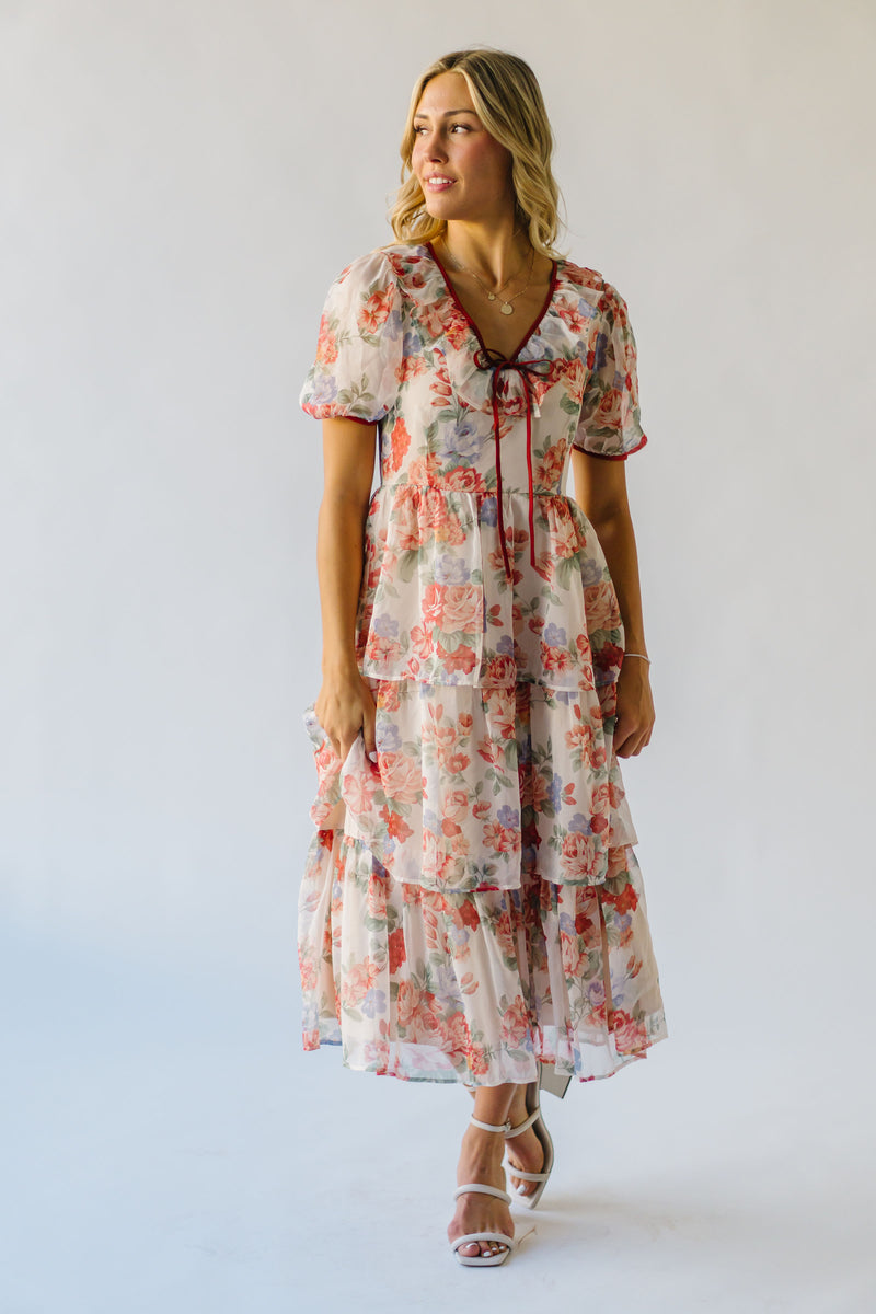 The Linford Floral Midi Dress in Peach + Red