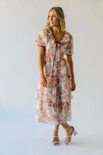 The Linford Floral Midi Dress in Peach + Red