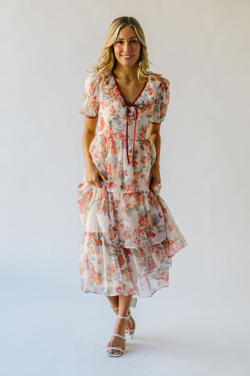 The Linford Floral Midi Dress in Peach + Red