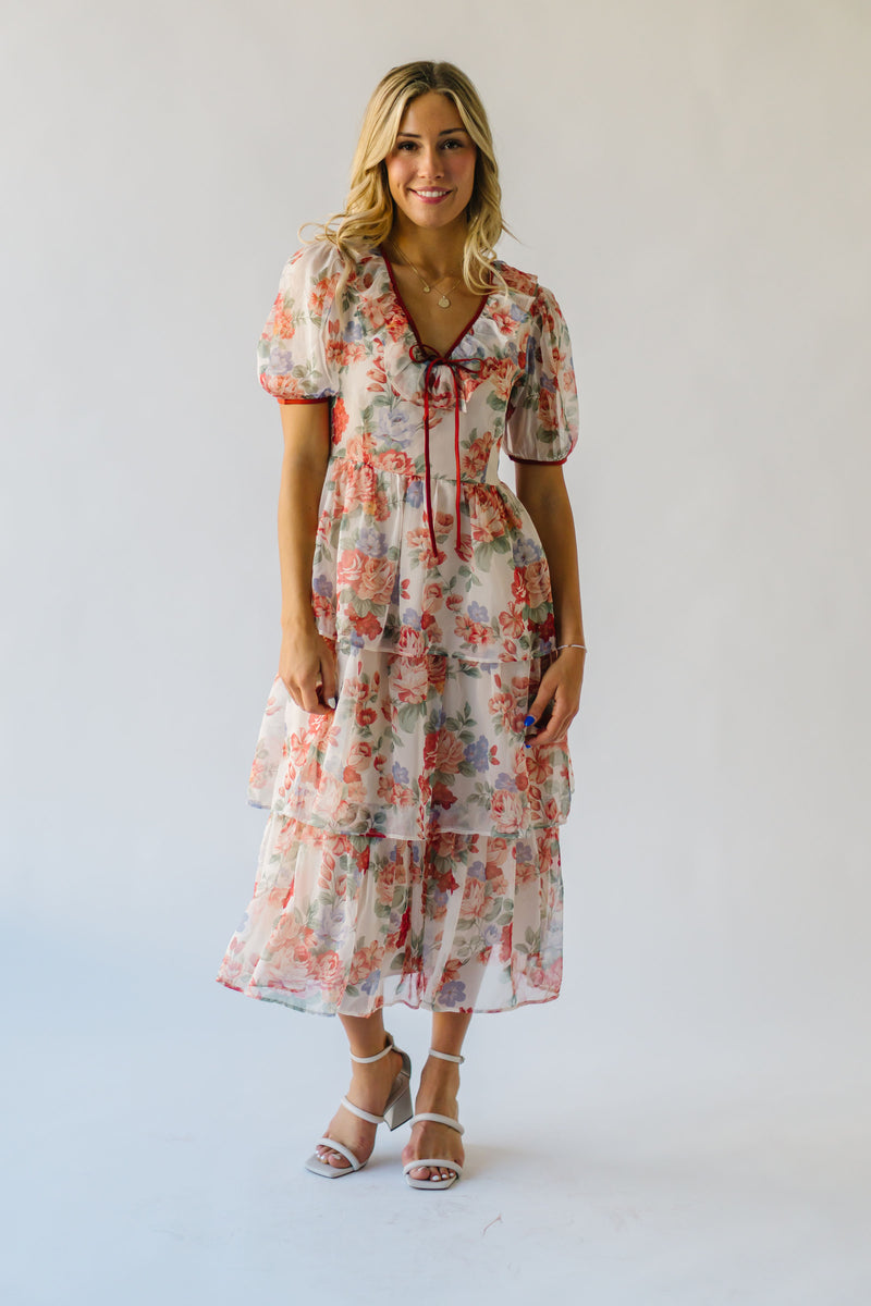 The Linford Floral Midi Dress in Peach + Red