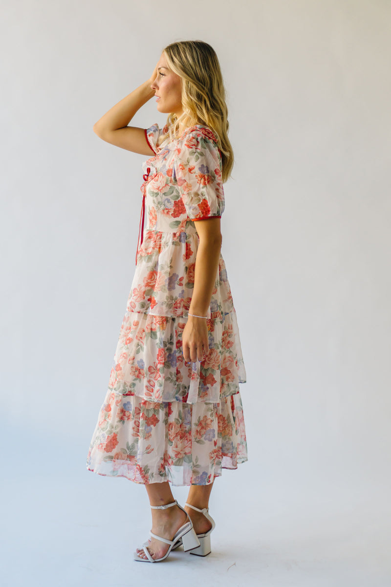 The Linford Floral Midi Dress in Peach + Red