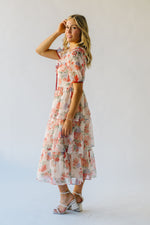 The Linford Floral Midi Dress in Peach + Red