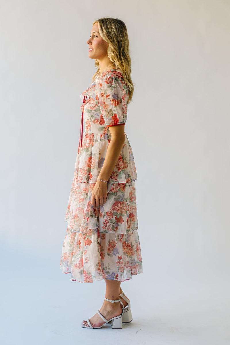 The Linford Floral Midi Dress in Peach + Red