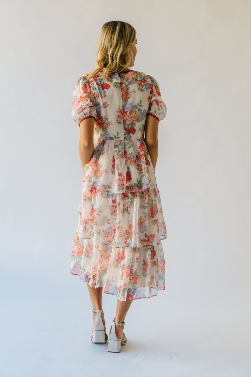 The Linford Floral Midi Dress in Peach + Red