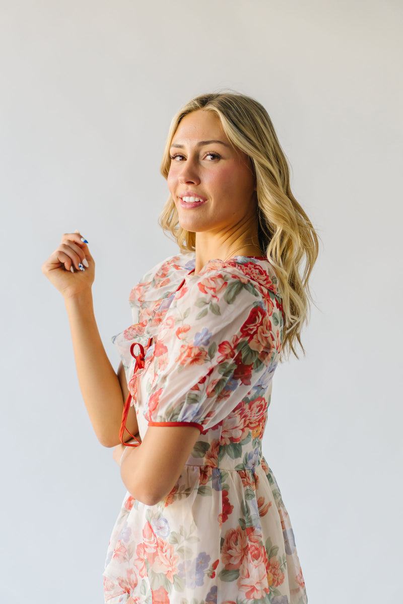 The Linford Floral Midi Dress in Peach + Red