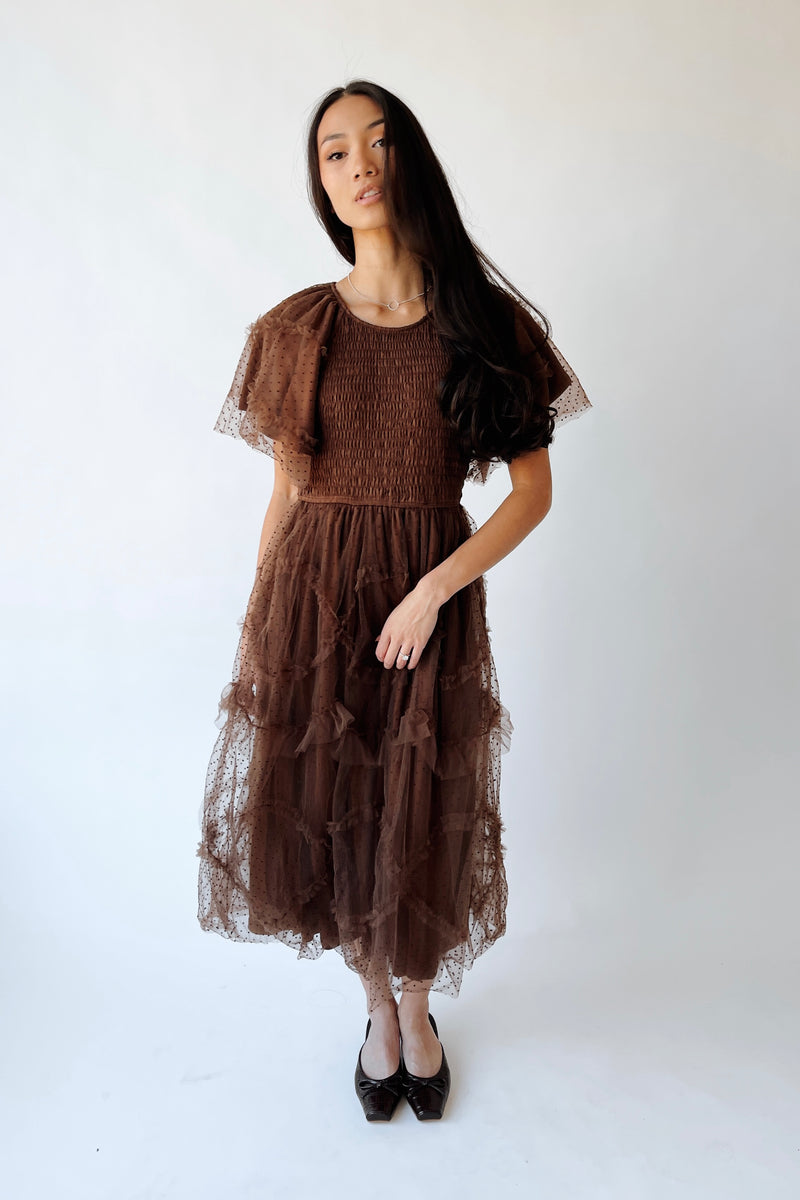 The Mazie Smocked Bodice Midi Dress in Brown