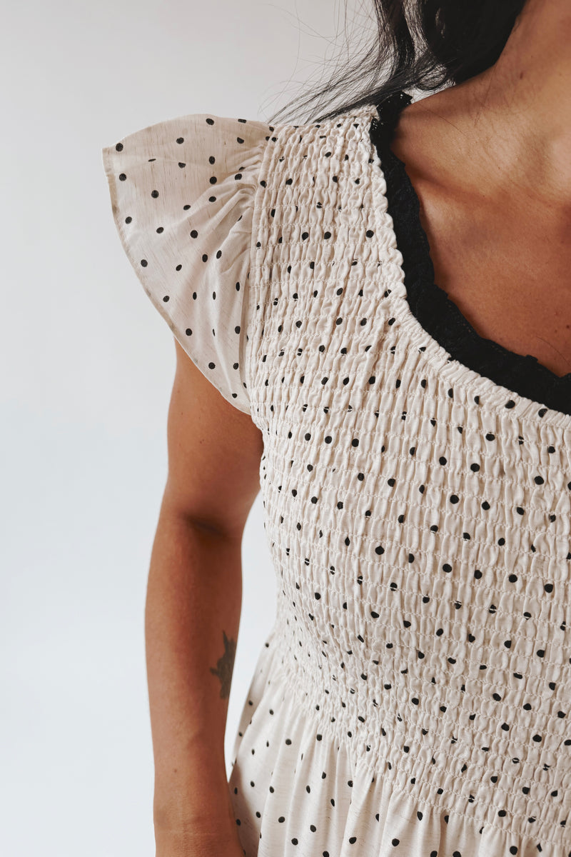 The Andrea Polka Dot Tiered Maxi Dress in Natural