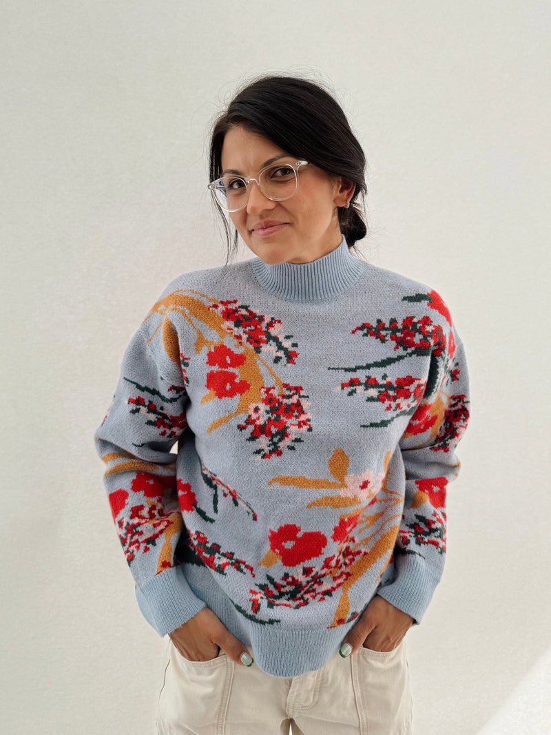 The Donello Floral Mock Neck Sweater in Light Blue
