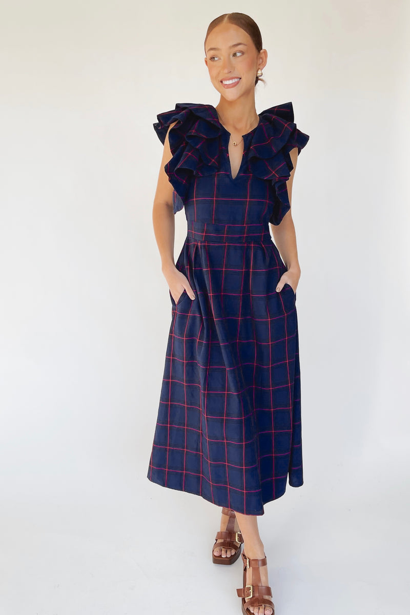 The Bauserman Ruffle Sleeve Midi Dress in Navy Plaid