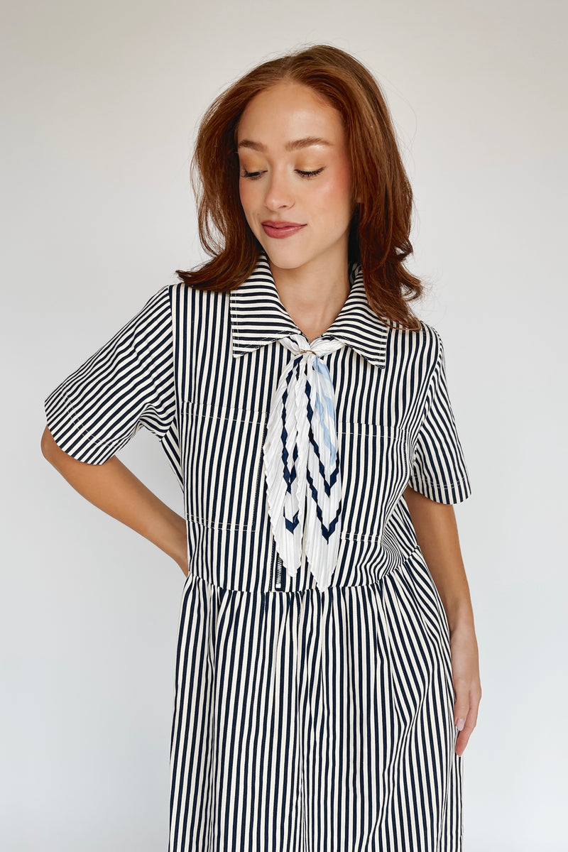 The Tenney Striped Half Zip Midi Dress in Navy + Cream