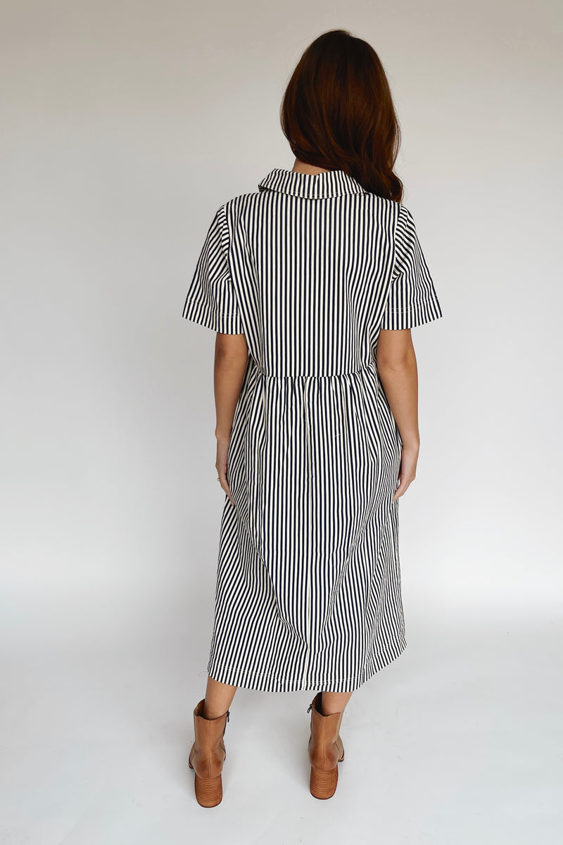 The Tenney Striped Half Zip Midi Dress in Navy + Cream