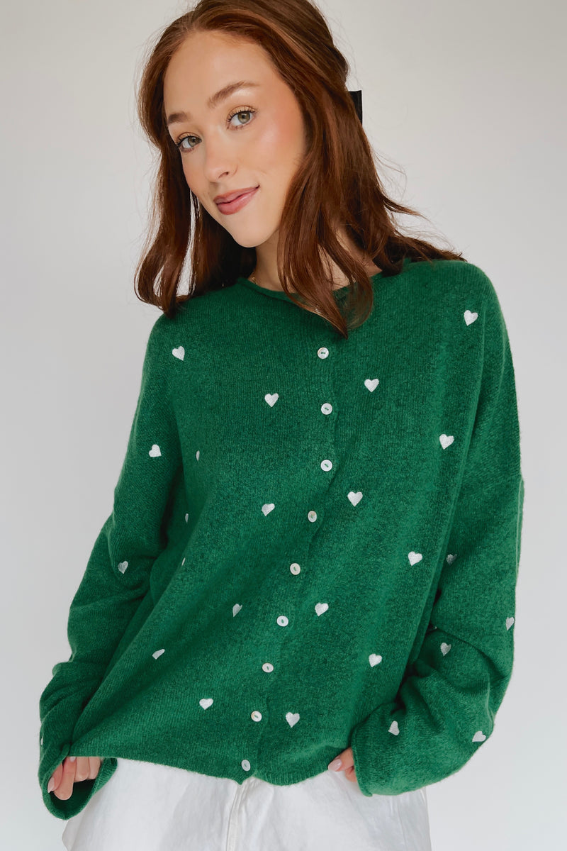 The Riggs Heart Embroidered Button-Down Sweater in Kelly Green + White