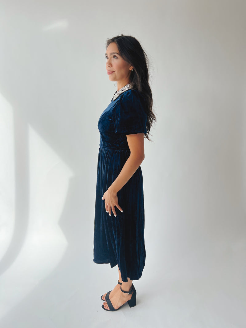 The Francie Rhinestone Velvet Midi Dress in Navy
