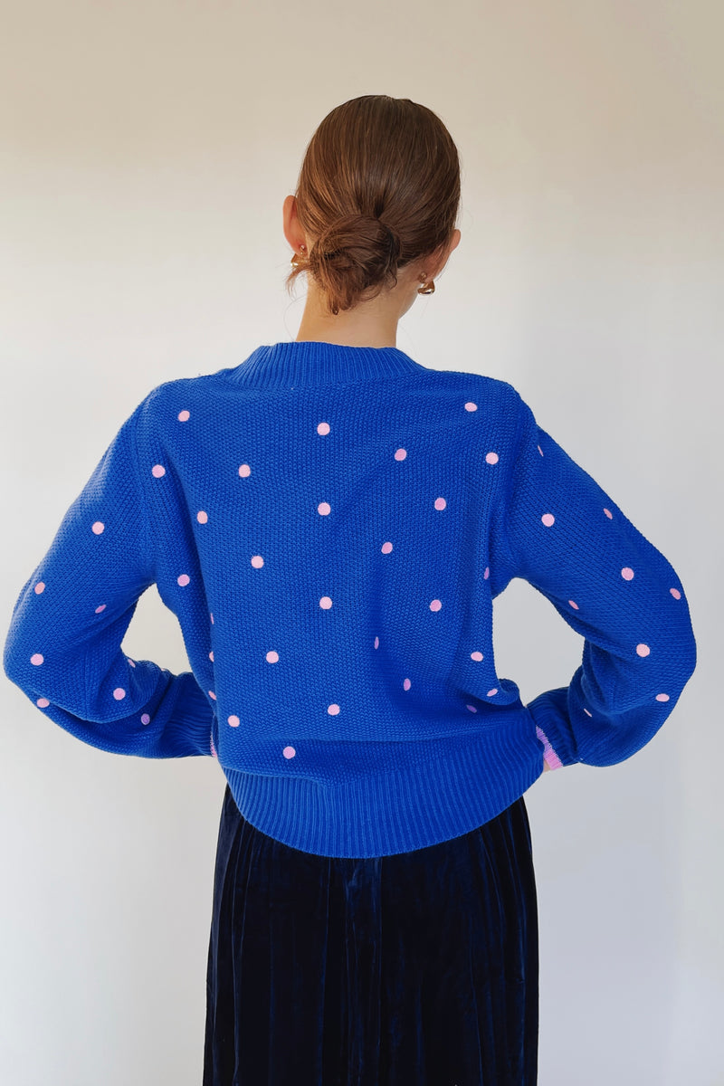 The Luxie Polka Dot Contrast Sweater in Cobalt