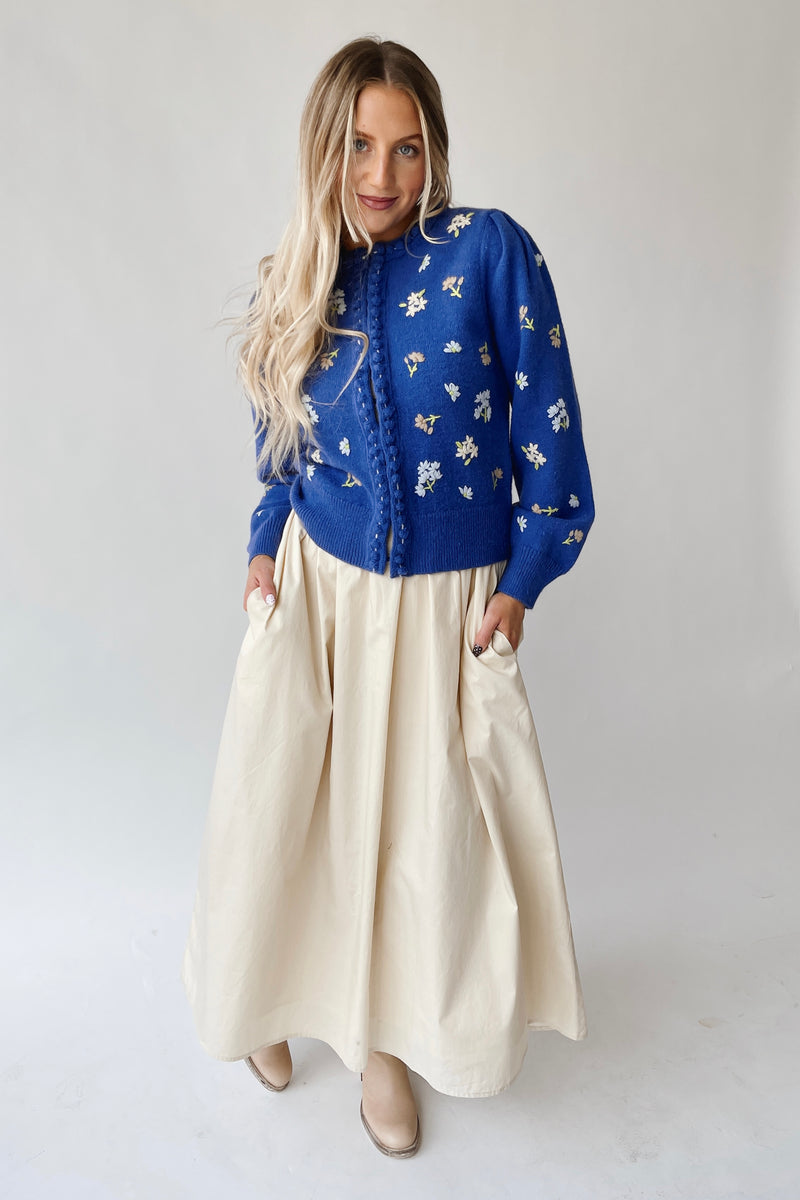 The Conlan Floral Embroidered Cardigan in Blue
