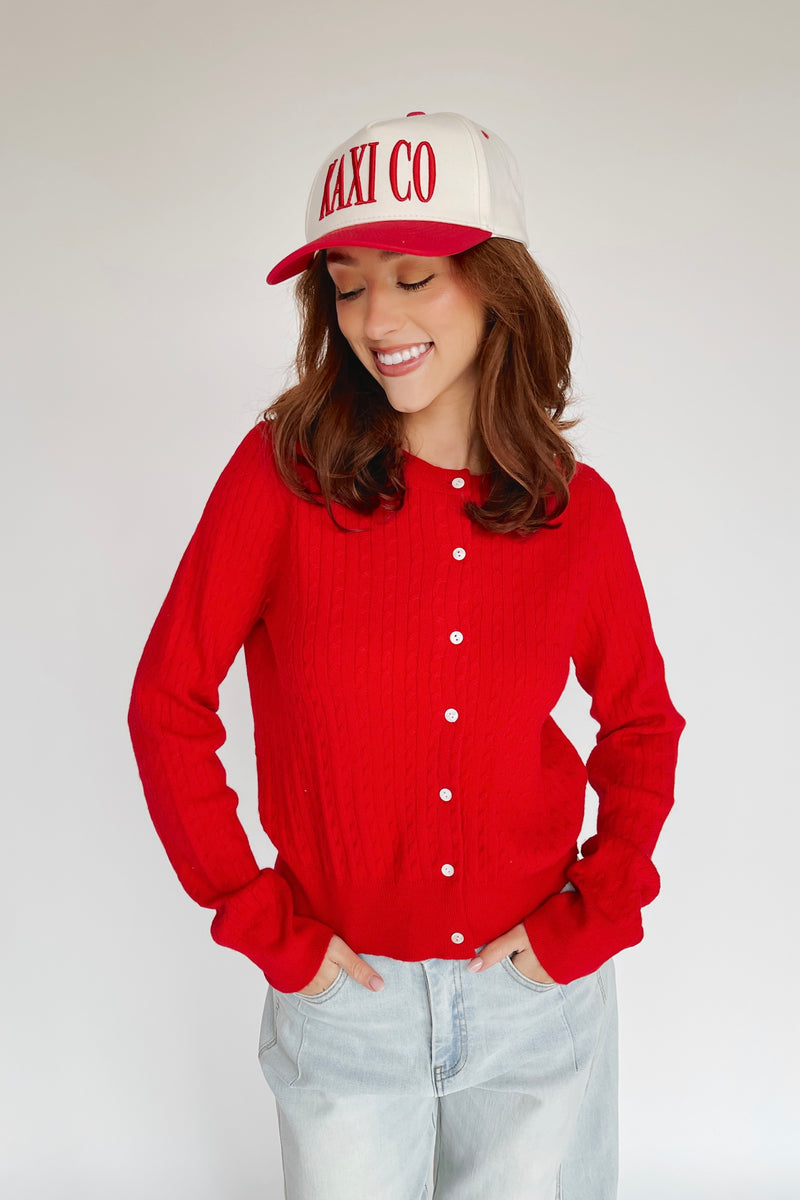 The Tomberlin Cable Knit Cardigan in Red