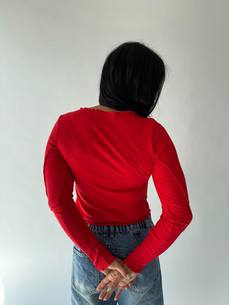 The Ginny Asymmetrical Long Sleeve Tee in Red