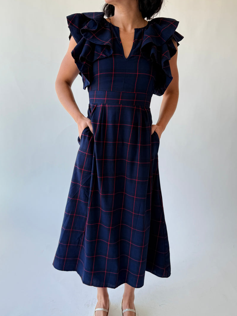 The Bauserman Ruffle Sleeve Midi Dress in Navy Plaid