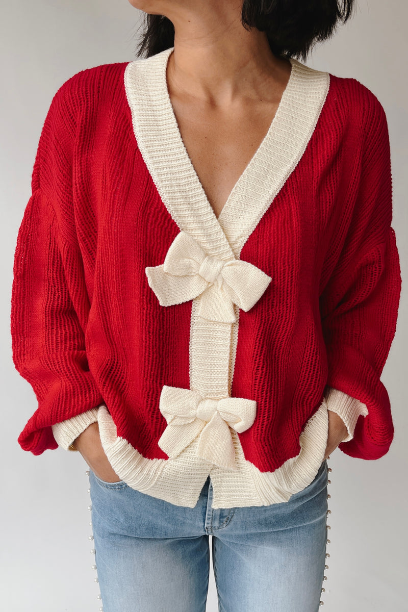 The Winquist Knit Bow Detail Cardigan in Red